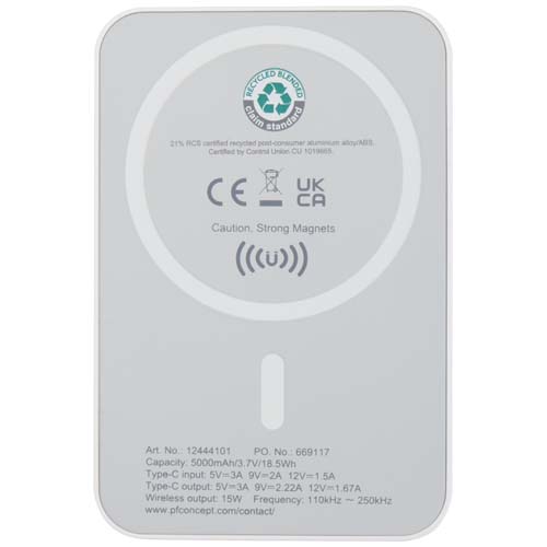 Acrab 15 W 5.000 mAh magnetische kabellose Powerbank mit 20 W PD aus recyceltem Kunststoff, weiss