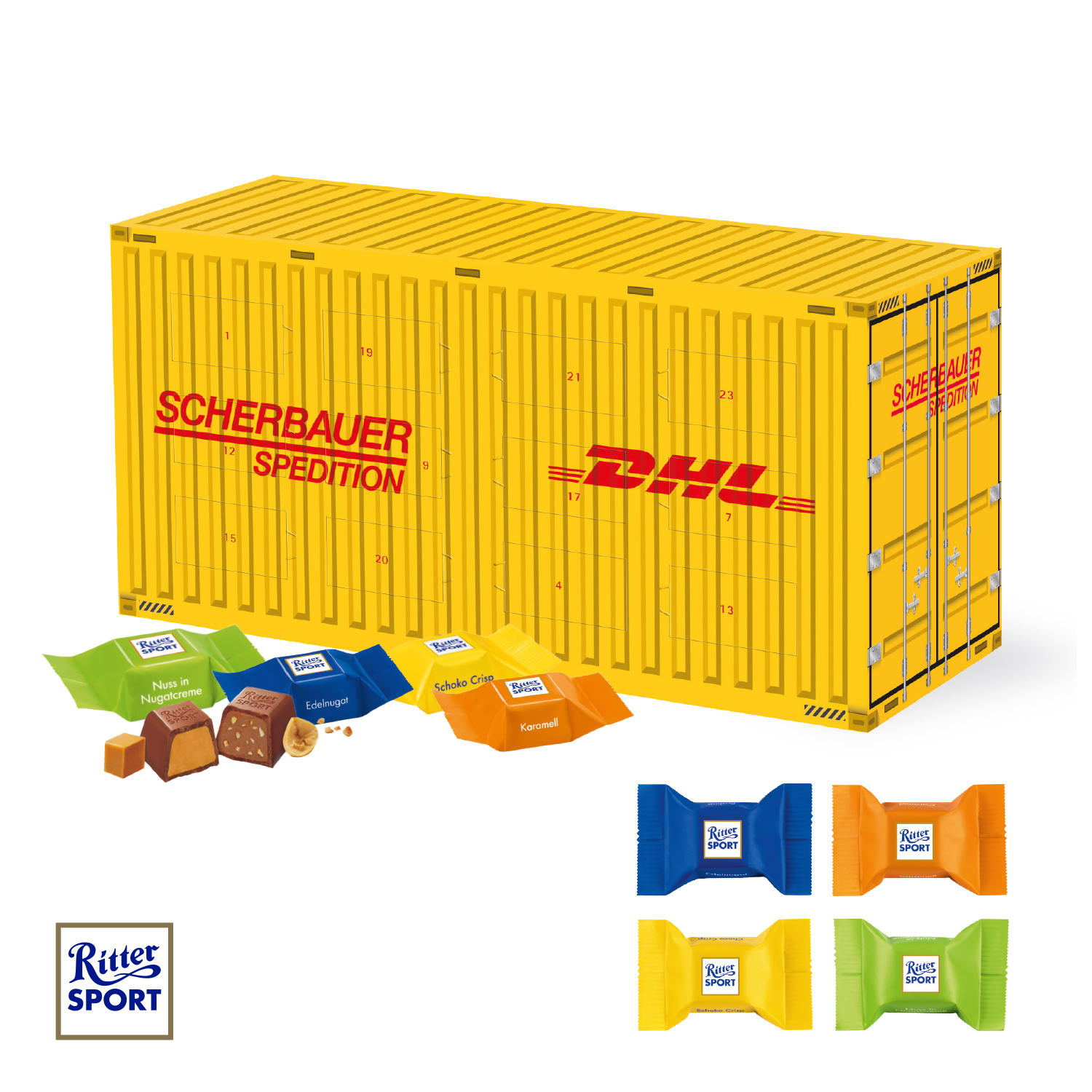 3D Adventskalender "Container" mit Ritter SPORT Schokowürfel
