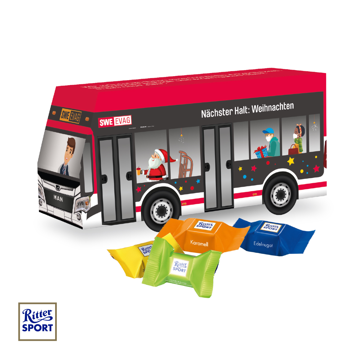 3D Präsent "Bus" mit Ritter SPORT Schokowürfel