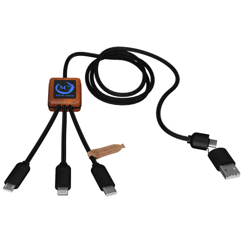 SCX.design C38 40W 5-in-1 Ladekabel aus rPET in quadratischem Bambusgehäuse mit Leuchtlogo, blau, holz