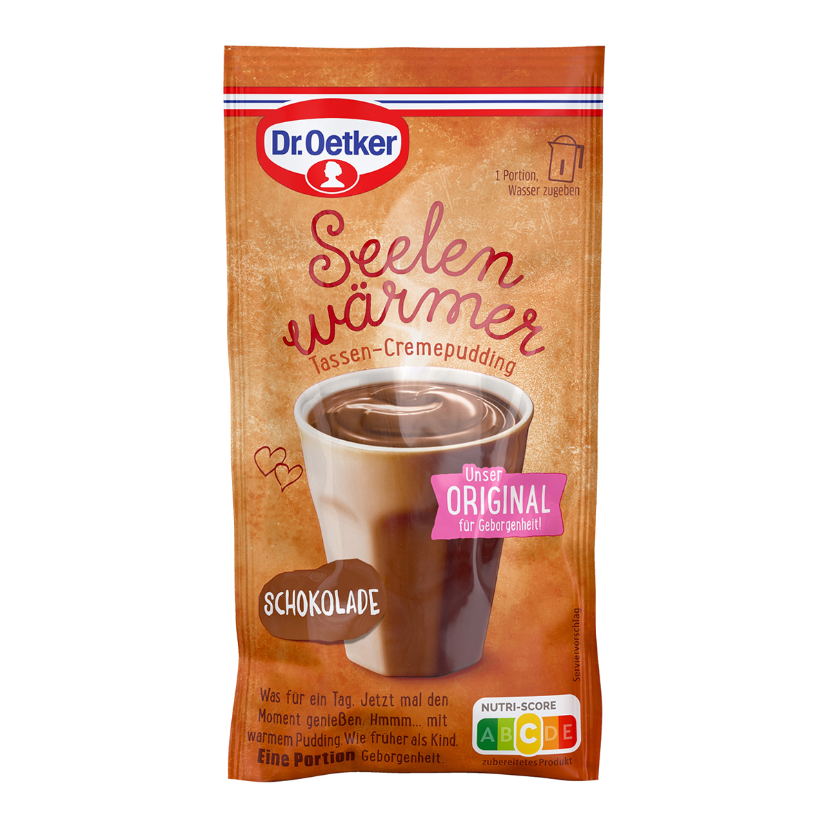 Dr. Oetker Tassenpudding in Werbeklappkarte | 59 g | Schoko | 4c Euroskala