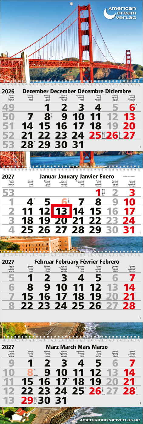 4-Monatskalender Mehrblock Quadro Wire-O 4 Wire-O-Bindung
