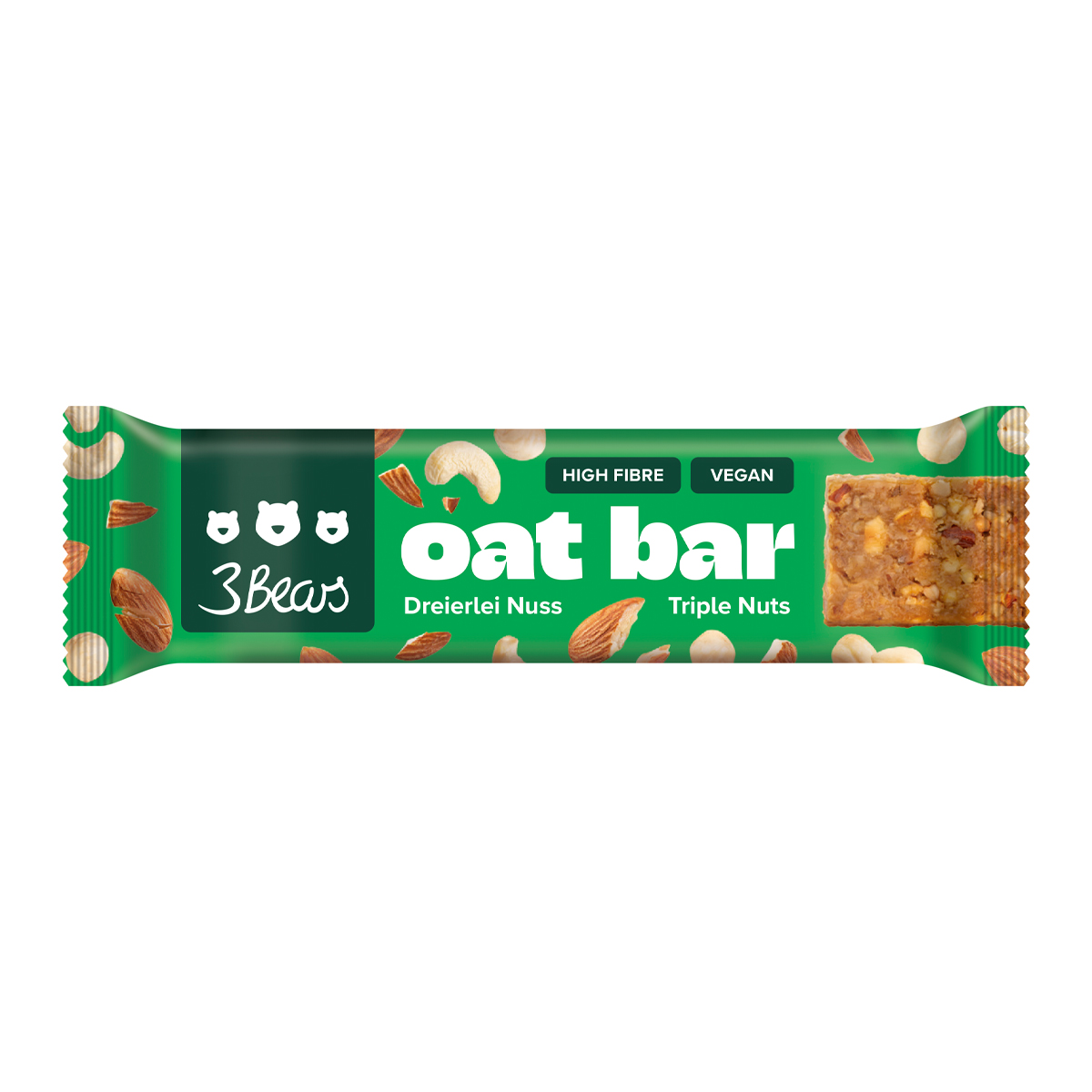 3Bears Oat Bar im Werbeschuber | 45 g | Dreierlei Nuss | 4c Euroskala