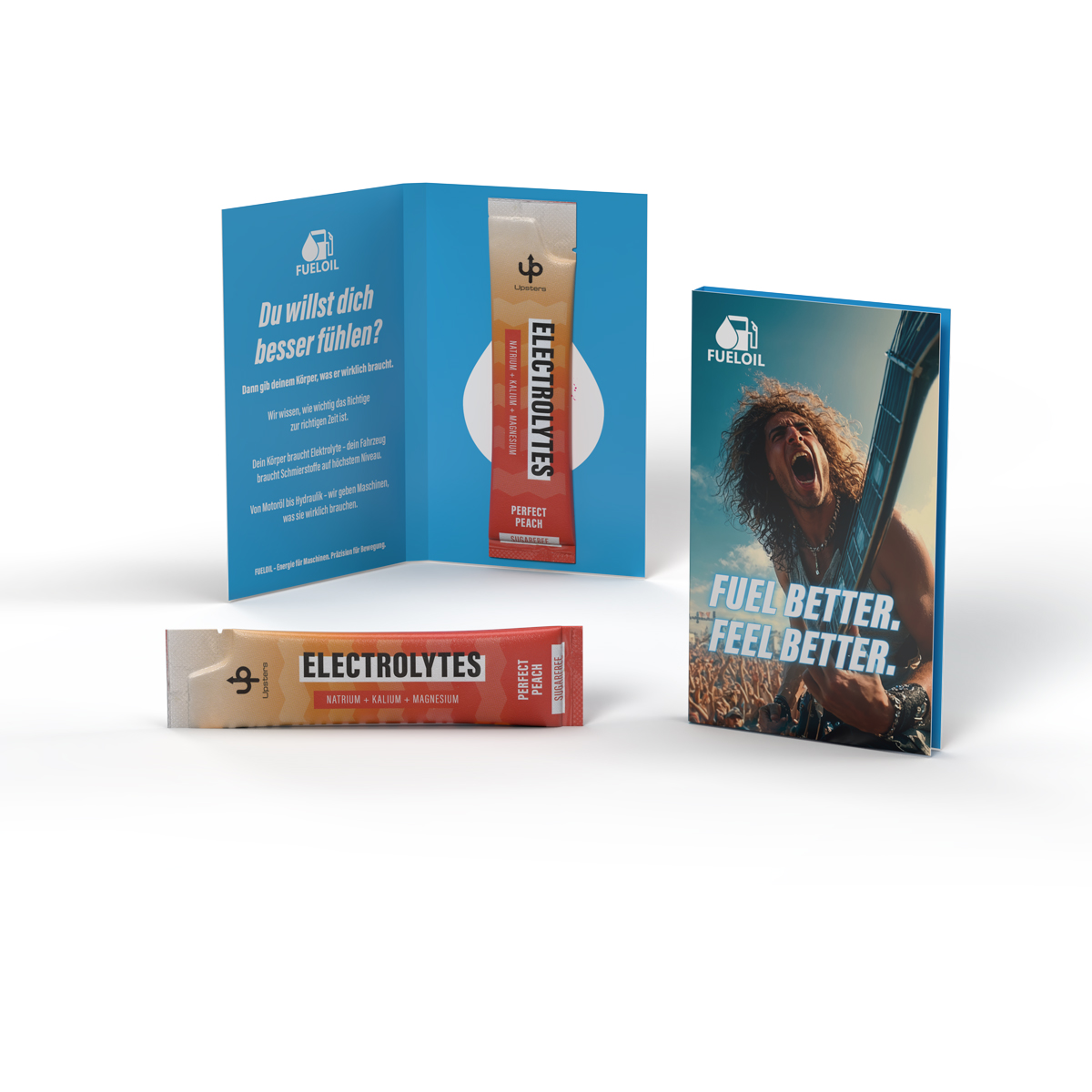 Upsters Electrolytes Stick in Werbeklappkarte | 6,5 g | PERFECT Peach | Stick im individuellen Design | 4c Euroskala