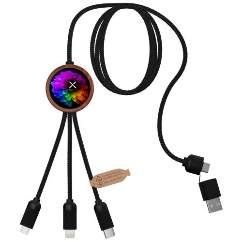 SCX.design C37 40W 5-in-1 rPET Ladekabel in rundem Bambusgehäuse mit Leuchtlogo