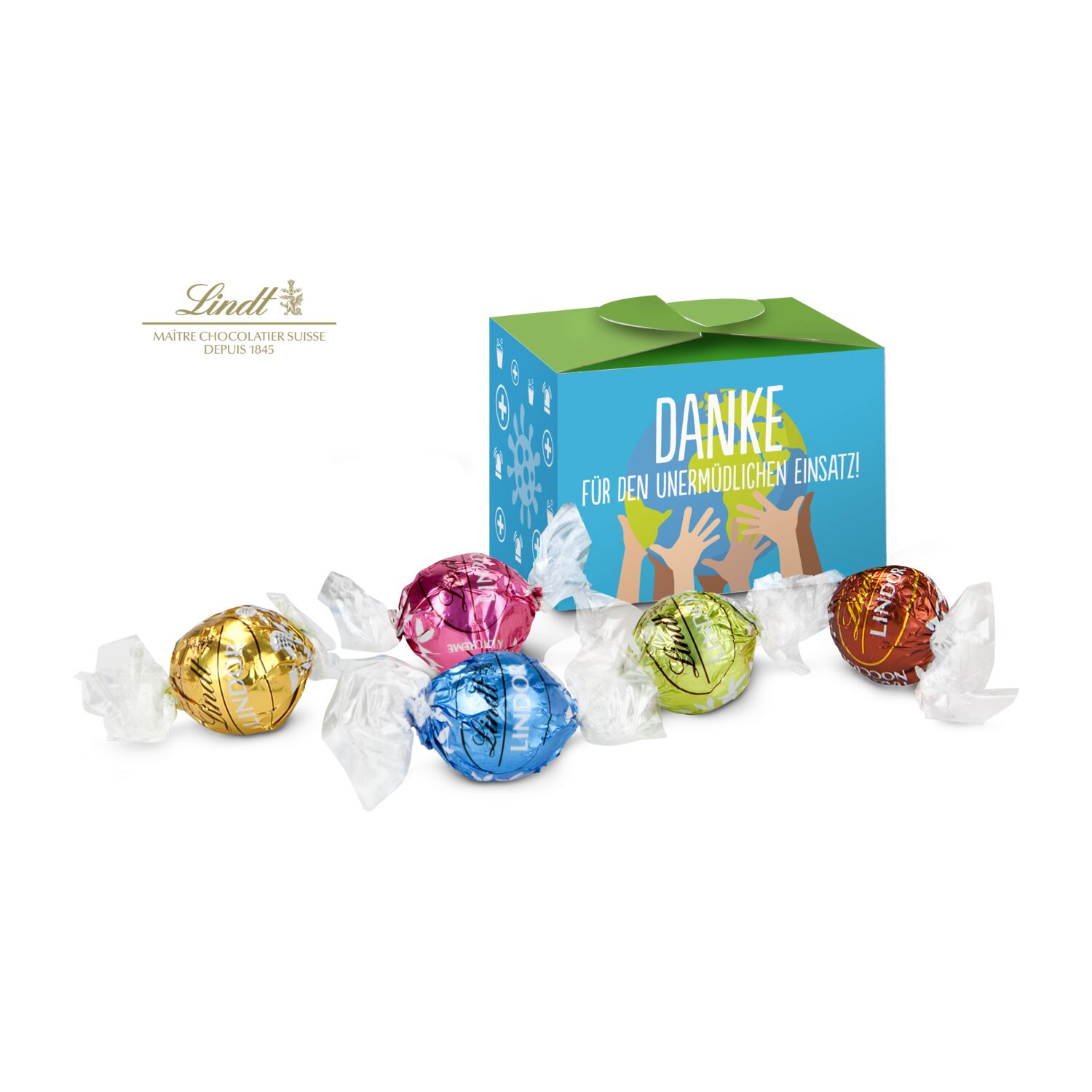 Geschenkartikel: Lindt süßes Danke, Pralinenschachtel mit Globus, 5 Lindorkugeln