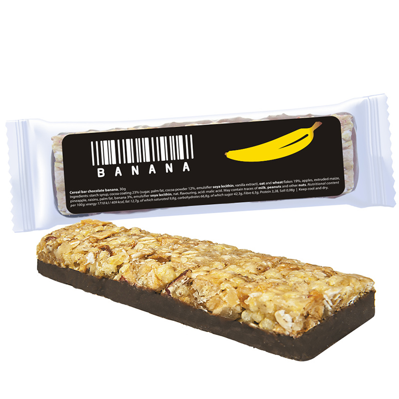 Müsliriegel Schoko-Banane, 30g, Express Flowpack mit Etikett