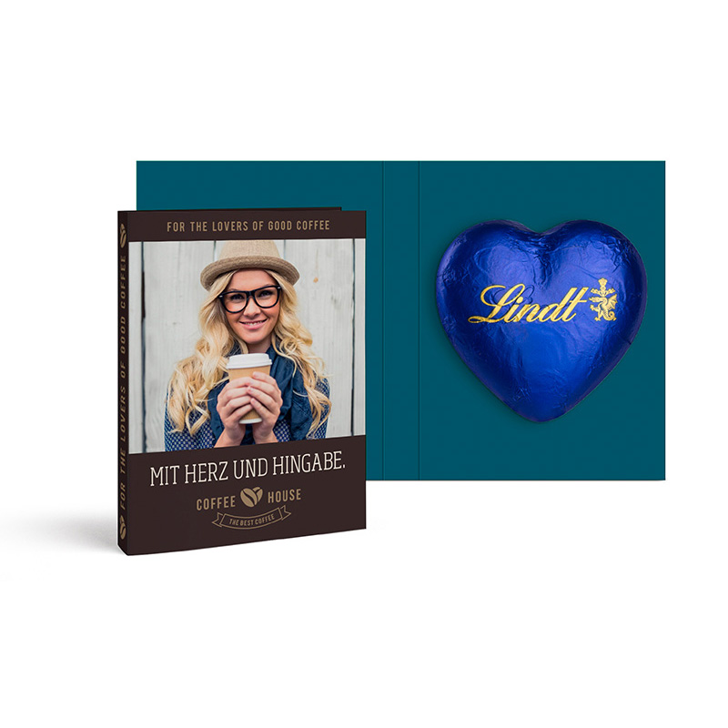 Werbekarte mit Lindt Schokoladen Herz 20 g | 20 g | blau | 4c Euroskala