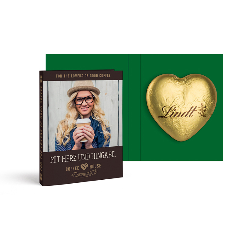 Werbekarte mit Lindt Schokoladen Herz 20 g | 20 g | gold | 4c Euroskala