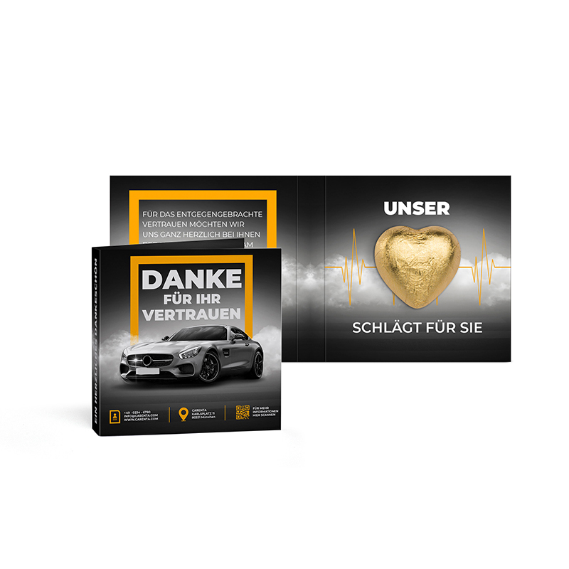 Werbekarte mit Lindt Schokoladen Herzl 5 g | 5 g | gold | 4c Euroskala