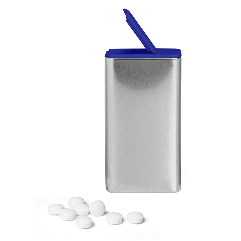 FlipTin | 20 g | Dose: blank, Deckel: blau-transparent | zuckerhaltige Pfefferminztabletten | ohne Druck