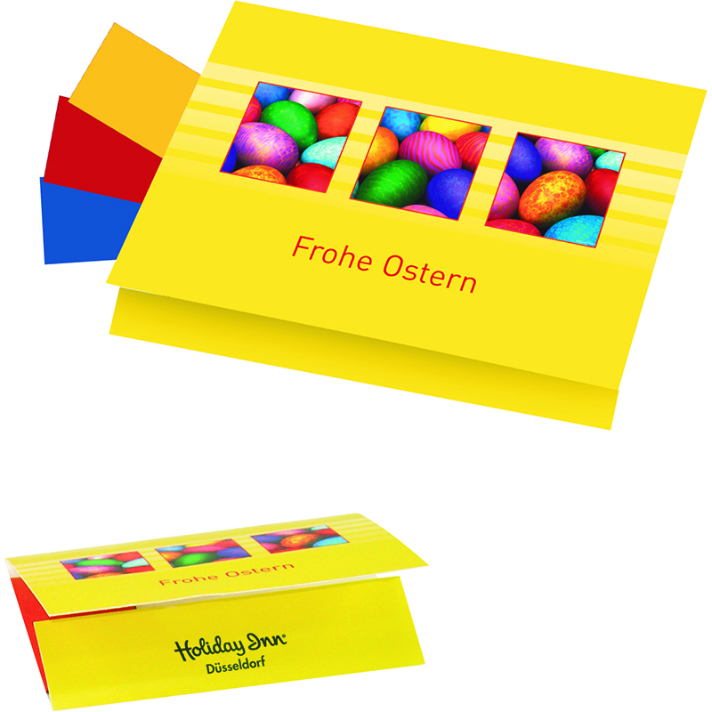 Klappkärtchen Eierfärberei 90 x 60 mm, 3 Farben sortiert,  1-4 c Digitaldruck inklusive