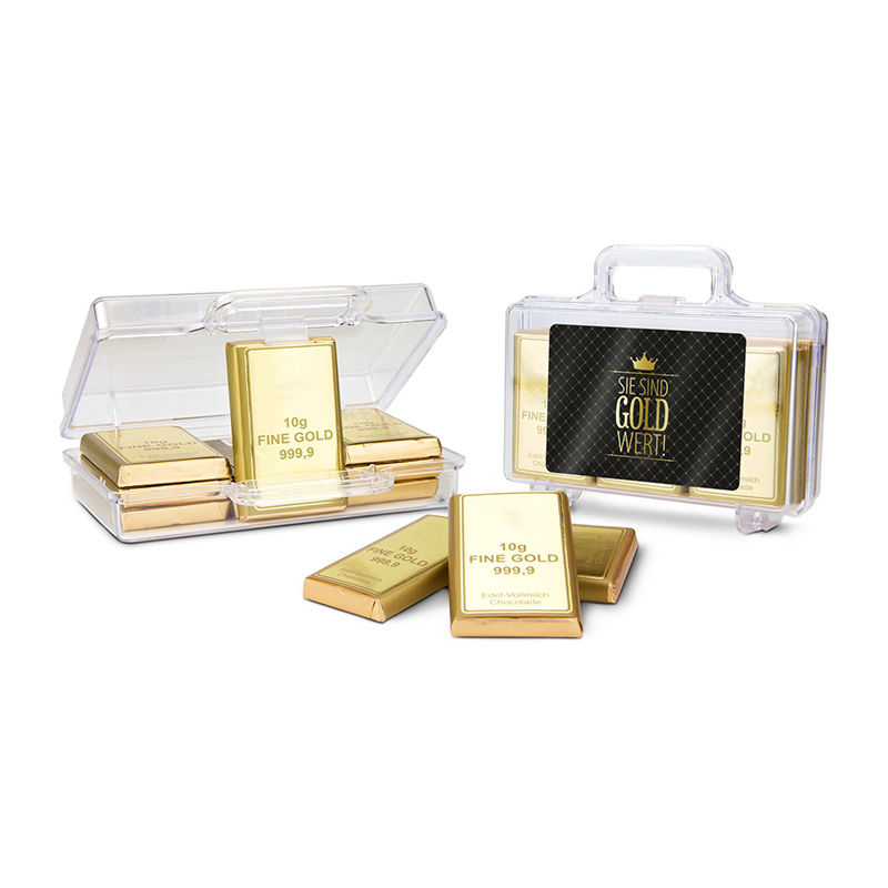 Geschenkartikel / Präsentartikel: Sie sind Gold wert - Goldkoffer mit 12 Schokoladen Goldbarren (120 g)