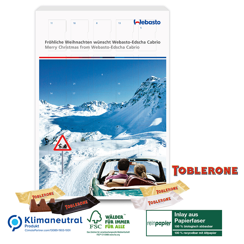 Adventskalender mit TOBLERONE, Klimaneutral, FSC®, Inlay aus Papierfaser