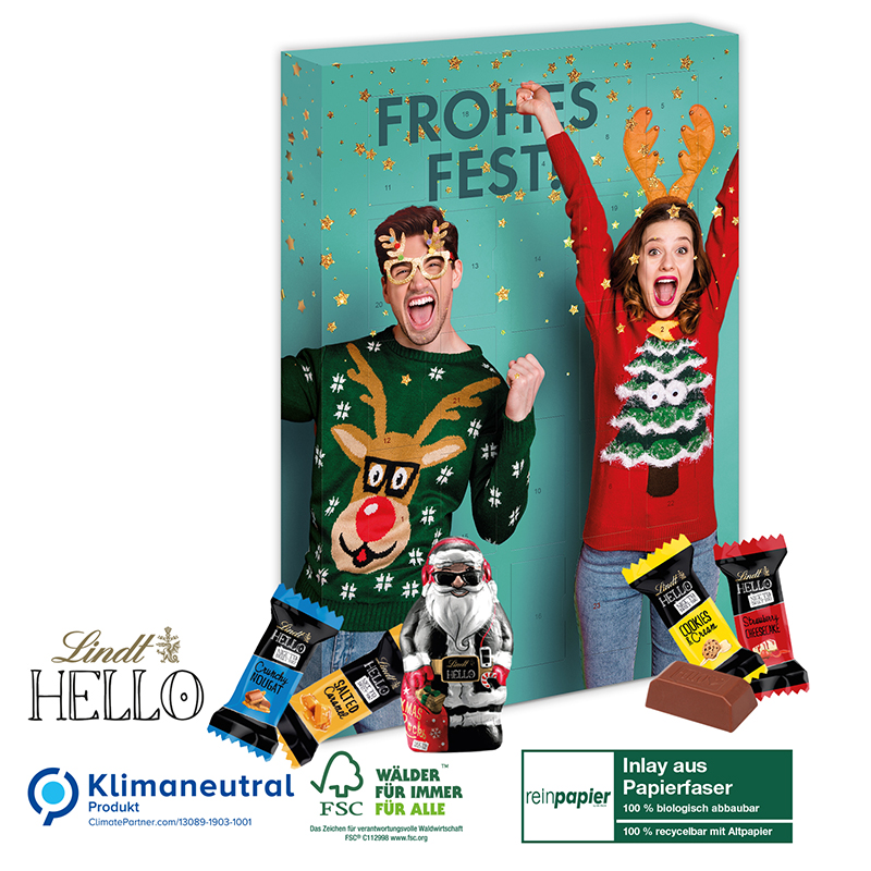 Adventskalender Lindt HELLO Mini Stick Mix mit Santa, Klimaneutral, FSC®, Inlay aus Papierfaser