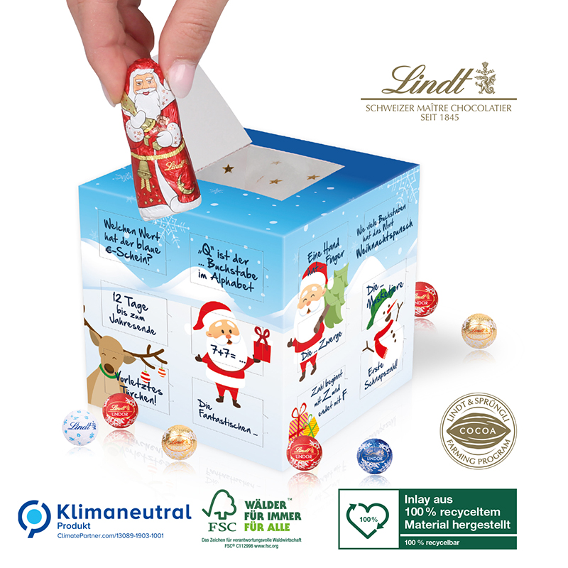 Adventskalender Cube Organic mit Lindt Weihnachtsmann, Klimaneutral, FSC®