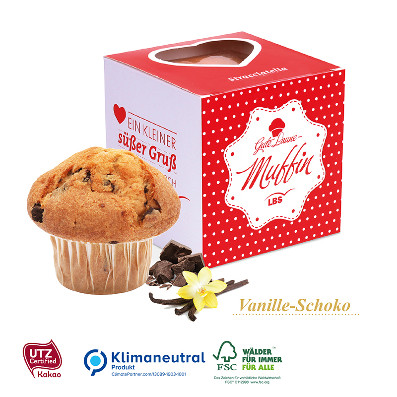 Muffin Maxi im Werbewürfel mit Herzausstanzung, Klimaneutral, FSC®