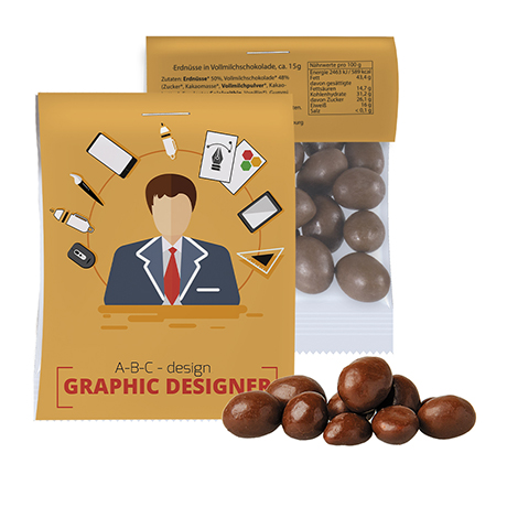 Schoko-Erdnüsse, ca. 15g, Express Midi-Tüte mit Werbereiter