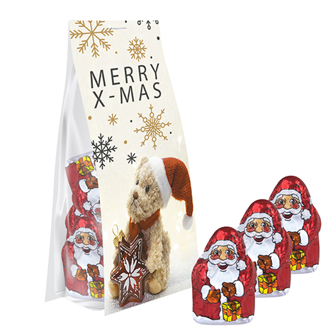 Mini Schoko-Weihnachtsmänner, ca. 40g, Express Blockbodenbeutel mit Werbereiter