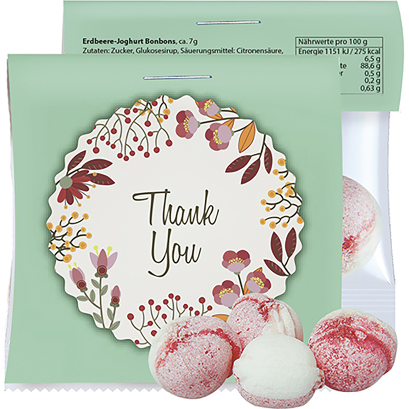 Erdbeer-Joghurt Bonbons, ca. 7g, Express Mini-Tüte mit Werbereiter