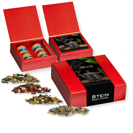 Verschiedene Teesorten, , ca. 60-140g, Geschenk-Set Premium mit 4 Biologisch abbaubaren Eco Pappdosen Mini