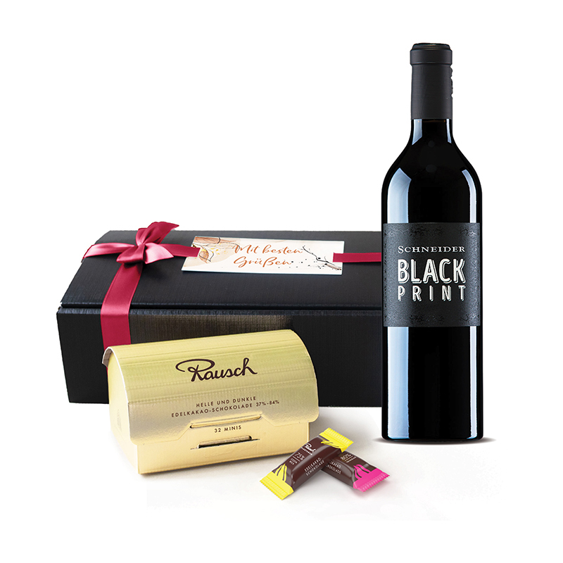 Goldbox mit Banderole veredelt & Blackprint Wein Rot | 32 Rausch Plantagen Minis & Blackprint Rotwein | 214 g & 0,75l Wein|
