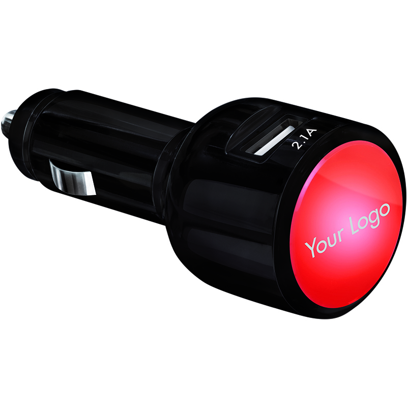 Car Charger schwarz/rot mit 2 USB Ports und Leuchtlogo