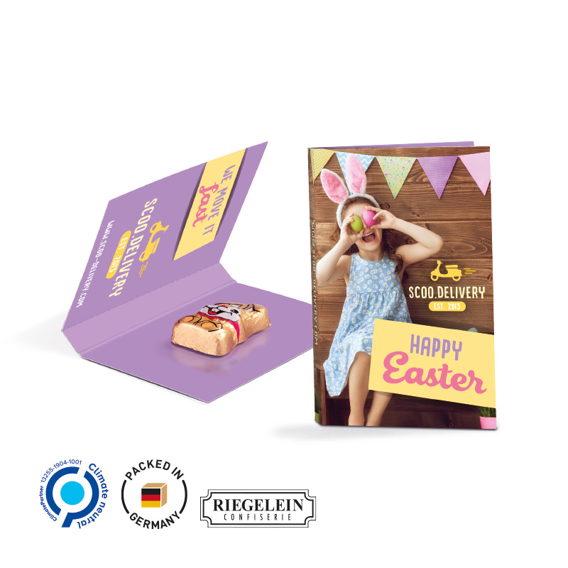Werbekarte Visitenkartenformat, Riegelein Schokoladen Mini-Osterhase